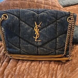 Yves Saint Laurent Loulou Denim Puffer Blue Quilted Shoulder Bag.